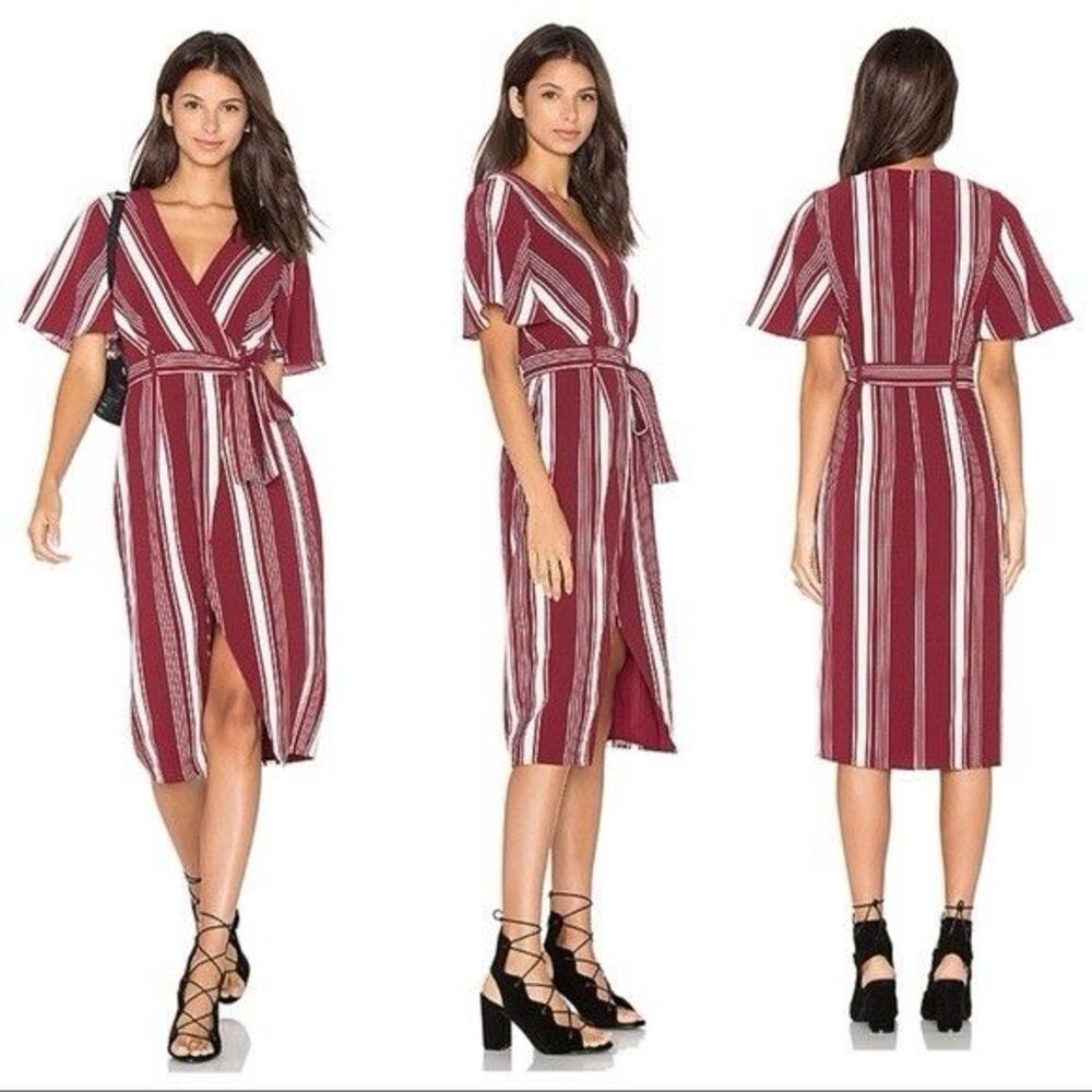LOVERS AND FRIENDS New SMALL Fremont Wrap Dress Cranberry Stripe‎ Tie Red White